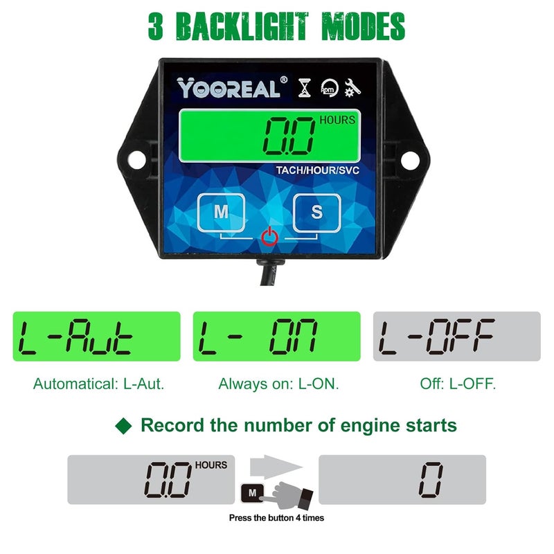YOOREAL Digital Backlight Tachometer Hour Meter,Resettable Hours,Replaceable Battery Engine for Lawn Mower Generator Chainsaw Outboard Motor Snowblower Gas Powered Equipment (YR-HM011G) - Image 4